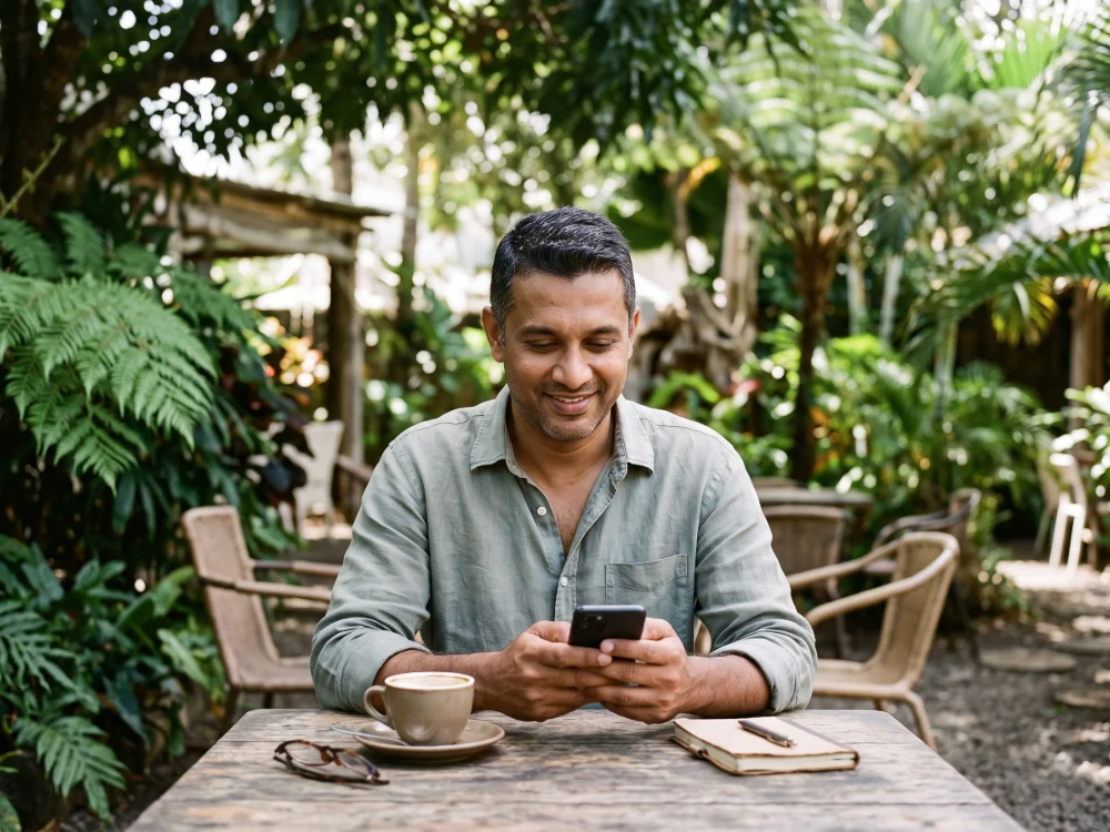 Business owner in Mauritius replying to customer messages on his phone from a café table in a tropical garden