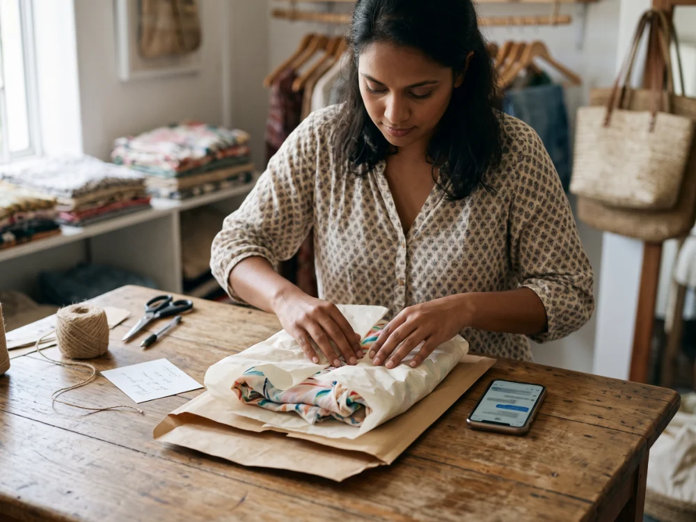 Shop owner wrapping a customer's online order in tissue and kraft paper, with the order conversation open on her phone