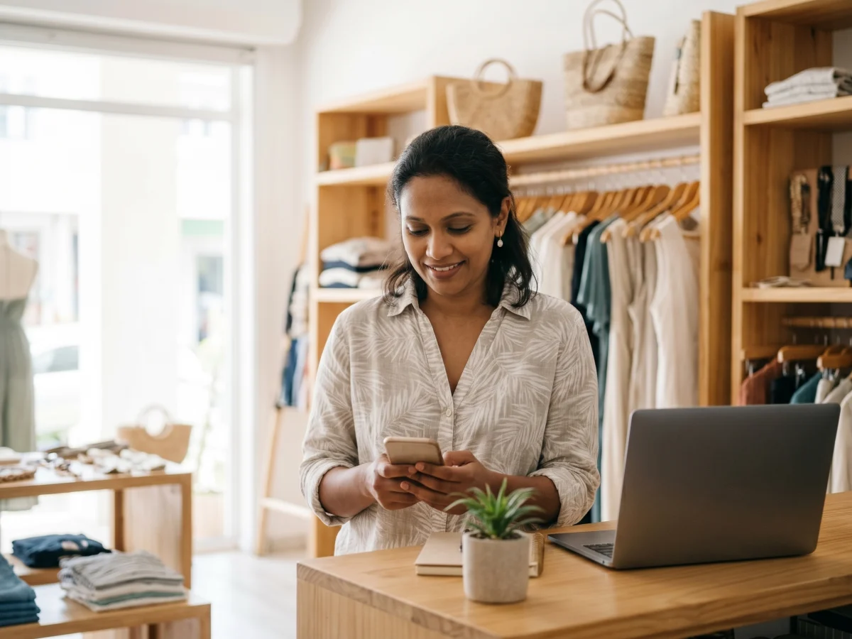 Small clothing boutique owner in Mauritius smiling as she reads a customer message on her phone at the shop counter, laptop beside her